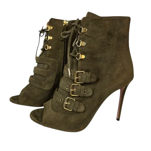 Aquazzura x Claudia Schiffer Vendome Buckled Suede Ankle Boots Size 8.5